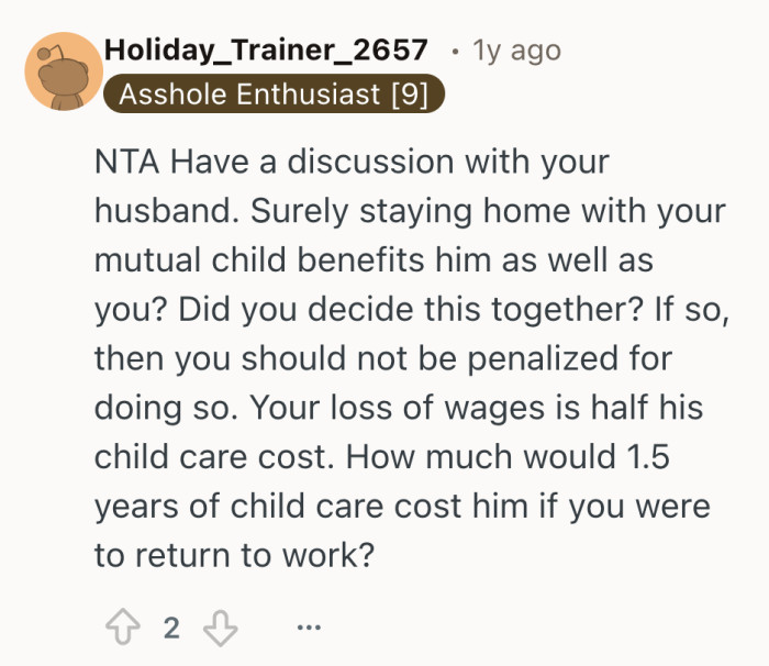 A subtle nudge that staying home with a shared child benefits both parents, so the financial hit shouldn’t fall on only one of them.