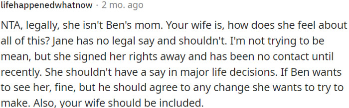 The focus should be on the feelings and input of OP's wife, who legally adopted Ben