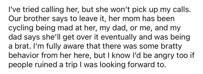 The OP's sister is still angry about it and won't speak with her.