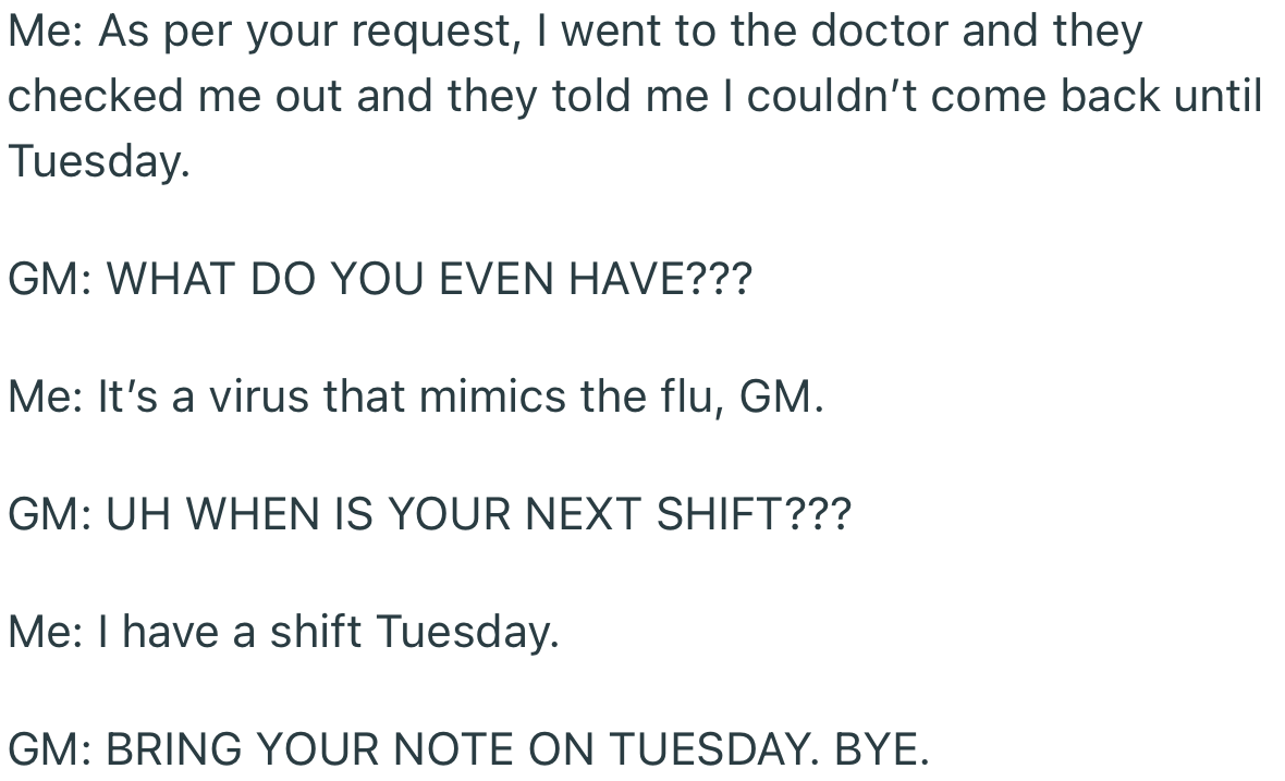 After Informing Their GM About the Situation, She Granted the Off-Day Request but Made It Clear That OP Would Need to Bring in Their Note on Their Next Shift