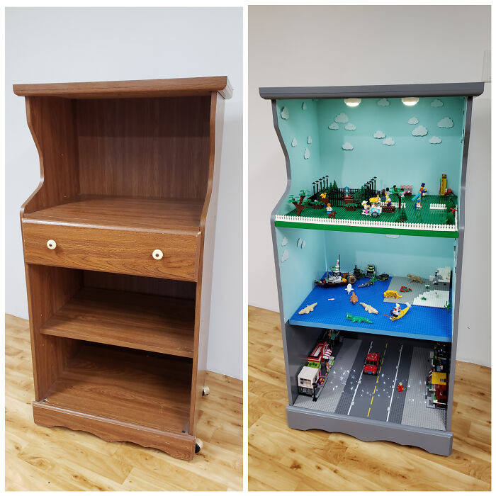13. He transformed an old microwave cart into a mobile LEGO stand as a Christmas gift for his daughters.