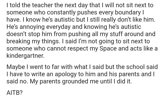 The next day, OP put her foot down, demanding to sit somewhere else. However, her school and parents are not willing to give in to her demands just yet.
