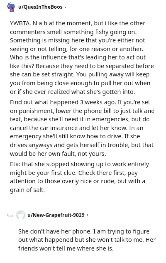 A commenter suspects trauma behind the daughter's sudden behavior change