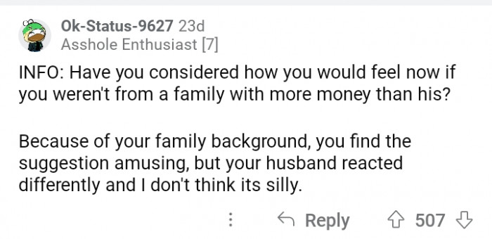 7. OP's family background is different from her husband's.