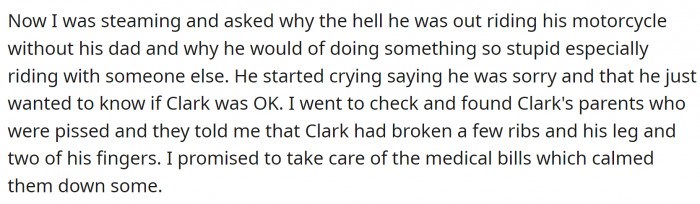 OP was furious because the accident happened during a street race, and her son had his BF on the bike.