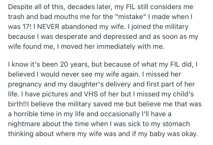 Decades later, OP’s FIL still doesn’t like him, and neither has he forgiven his FIL