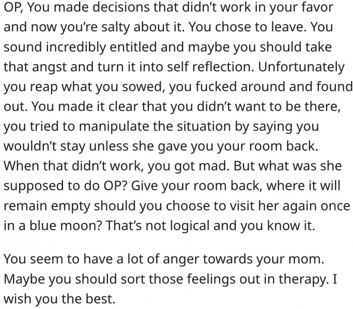 13. She should consider getting therapy to deal with the pent-up anger she feels towards her mom.