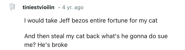 I would take Jeff Bezos' entire fortune for my cat and then steal my cat back.