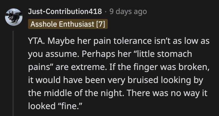 I bet her daughter didn't sleep the whole night because of her broken finger