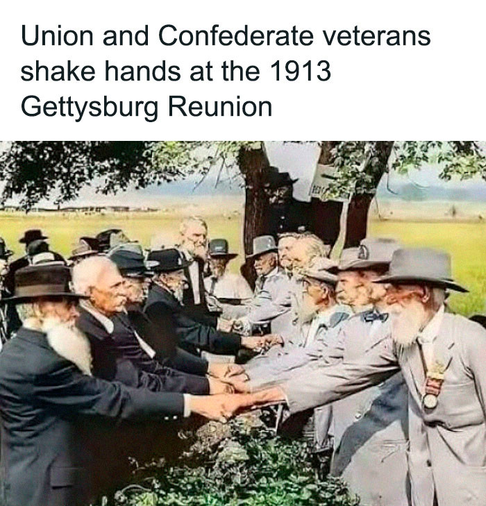 Former foes stand shoulder to shoulder as one nation, captured at Gettysburg in 1913.