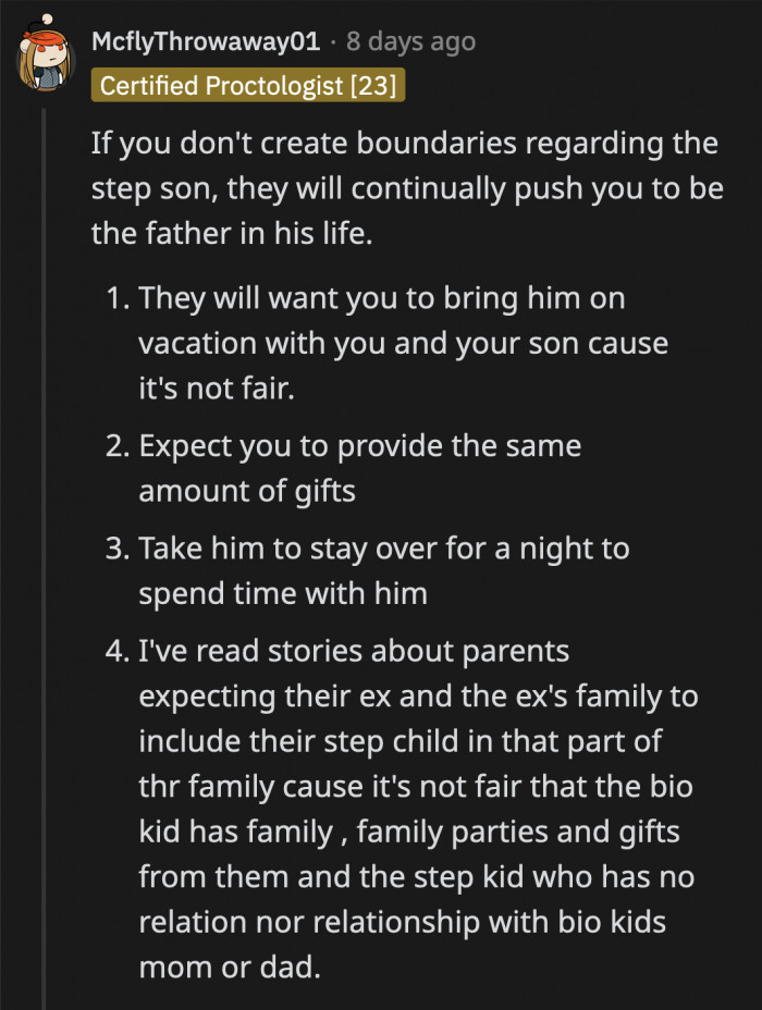 OP has to make it clear that he will play no part in the life of his ex's stepson. The kid may be a part of her family, but not his.