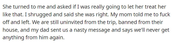 The mom asked OP if they were just going to allow the name-calling—but OP brought down her ego by saying that their wife was right.