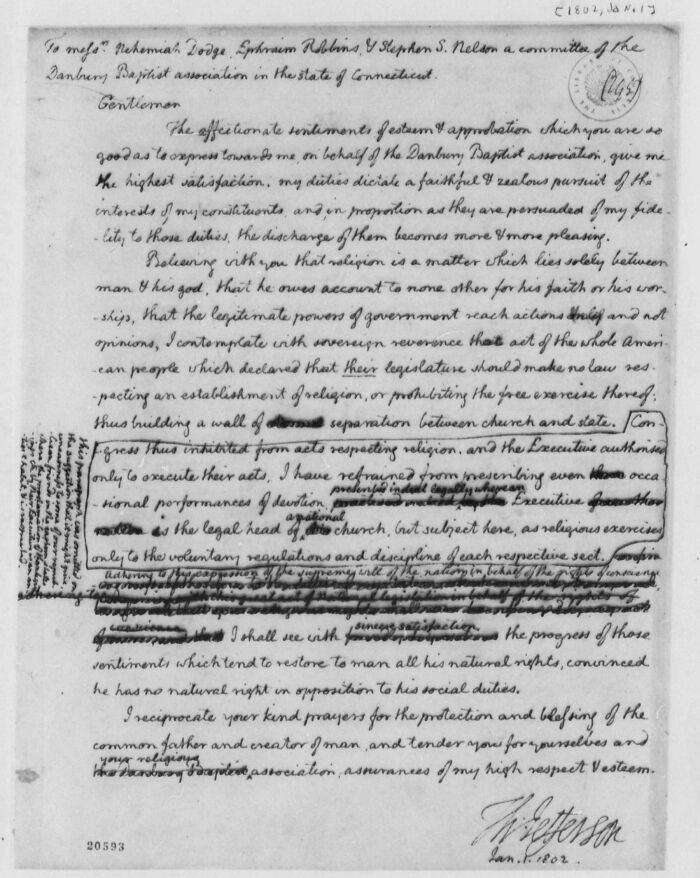 On January 1, 1802, Thomas Jefferson wrote to the Danbury Baptists, affirming that religion should remain a matter of personal belief, not government control. His words helped define the principle of the separation of church and state in the United States.