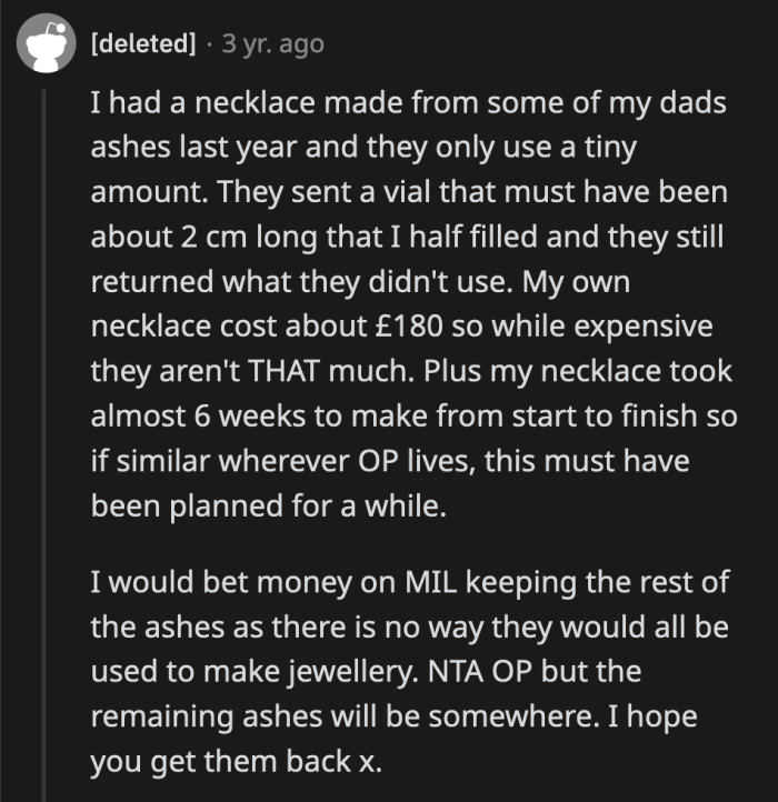 OP shouldn't stop pestering her husband to get the rest of their son's ashes back from his mother