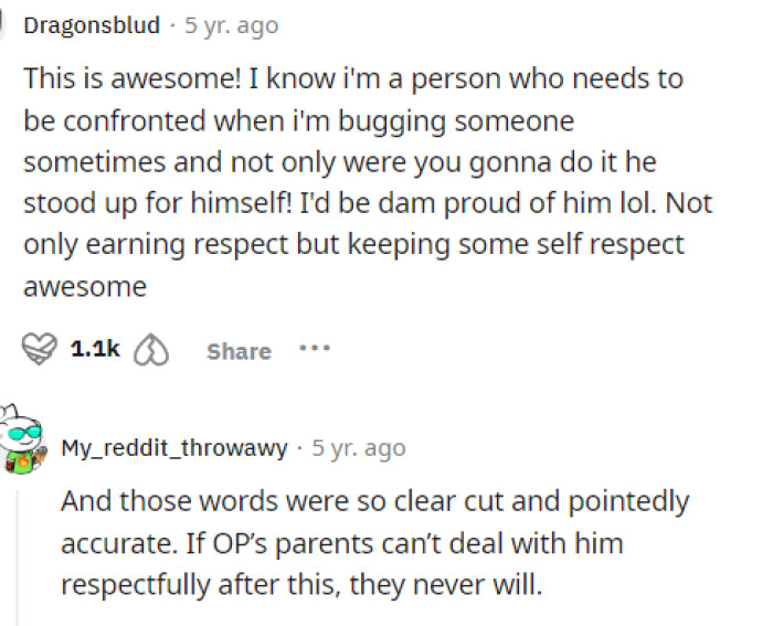Many people came to the comments to discuss how awesome it was that her boyfriend stood up for himself and talked to her parents.