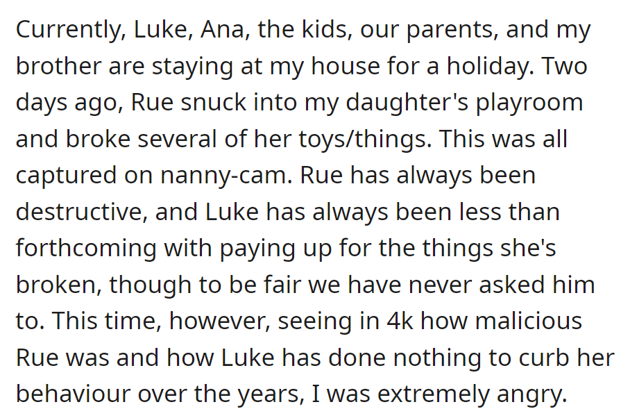 During the stay, Rue broke her daughter's toys on camera. OP was upset with Luke's inaction regarding Rue's behavior.