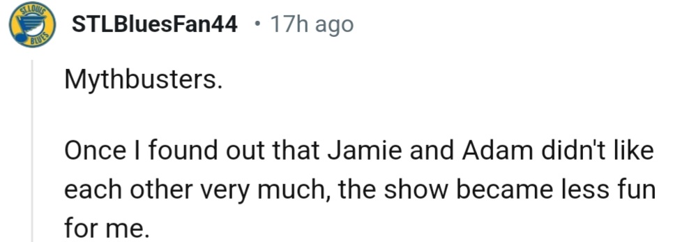 This Redditor was done watching the Mythbusters show after finding out that Jamie and Adam didn’t like each other very much
