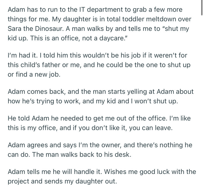 One of the staff was irritated by the screaming and asked OP to shut her kid up