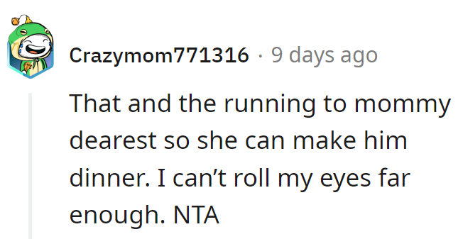 Eye-rolling at the husband's mommy meal plan. Looks like he needs a grown-up menu.