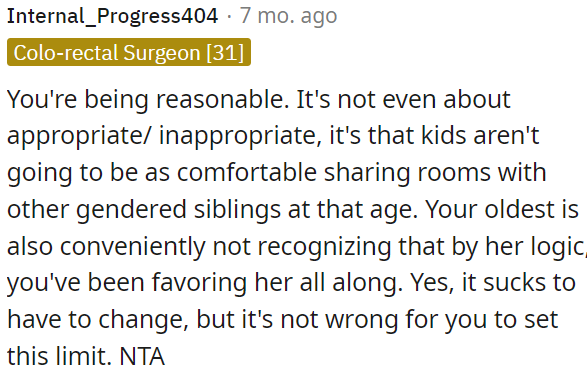 It's not about right or wrong; it's about kids feeling uncomfortable sharing rooms with siblings of a different gender at their age.
