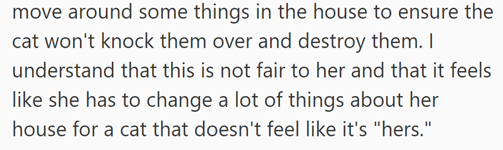 She rearranges her home to protect items from the cat, feeling it's unfair and not hers.