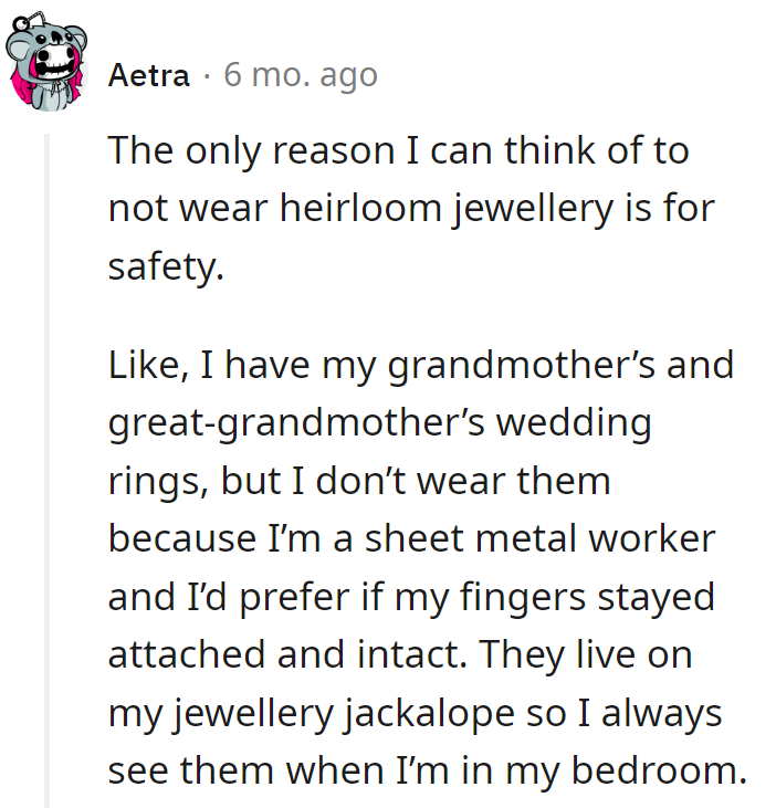 Grandma's rings steer clear of sheet metal chaos on their owner's jewelry jackalope. Fingers intact, memories on display!