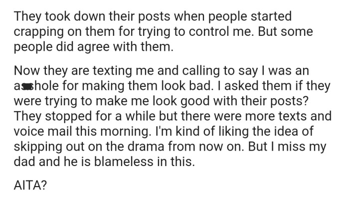 OP responded with some threats, which got people to rally around her and force her mom to take down the post. Now her mom and sisters are slamming her for making them look bad