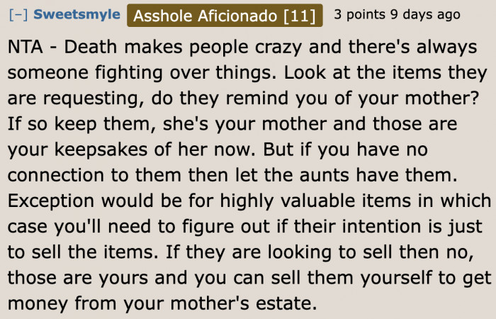 A Redditor suggests keeping them only if she feels more connected to her mom through them.