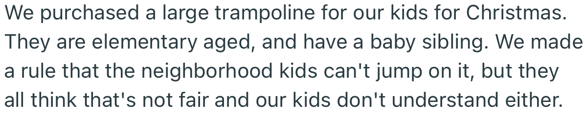 OP got a trampoline for the kids. But they made a rule that their neighborhood kids aren’t allowed to jump on it
