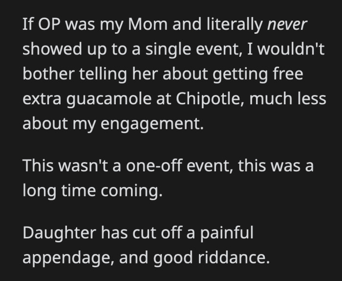 It is not surprising that her daughter didn't inform her about her engagement. OP hasn't been her parent for a long time.