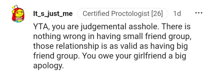 The OP owes his girlfriend a big apology