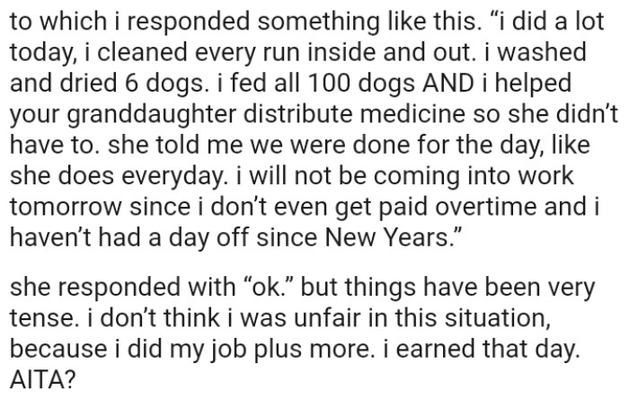 The OP fed all 100 dogs, and she helped their granddaughter distribute medicine so she didn’t have to