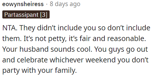 OP shouldn't feel bad for excluding those who didn't include her.