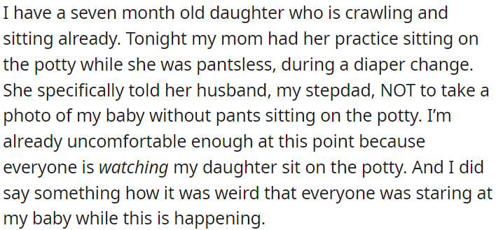 OP's mom was helping with potty training the baby and requested her husband not to take photos during a diaper change.