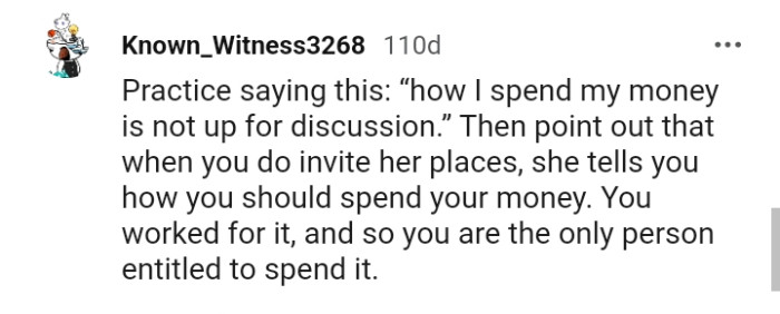 The OP's aunt telling her how to spend her money