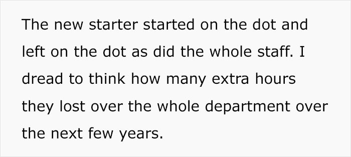 The whole department followed suit and started leaving on the dot