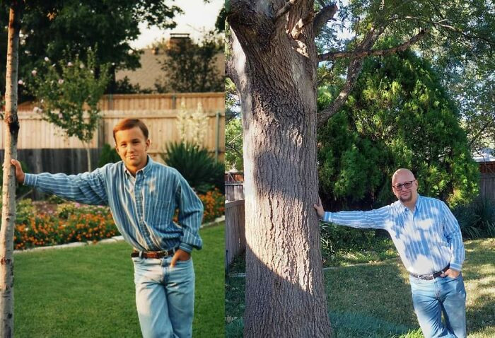 44. in my parents' backyard shortly after we moved in, and me nearly three decades later when they eventually sold the house.