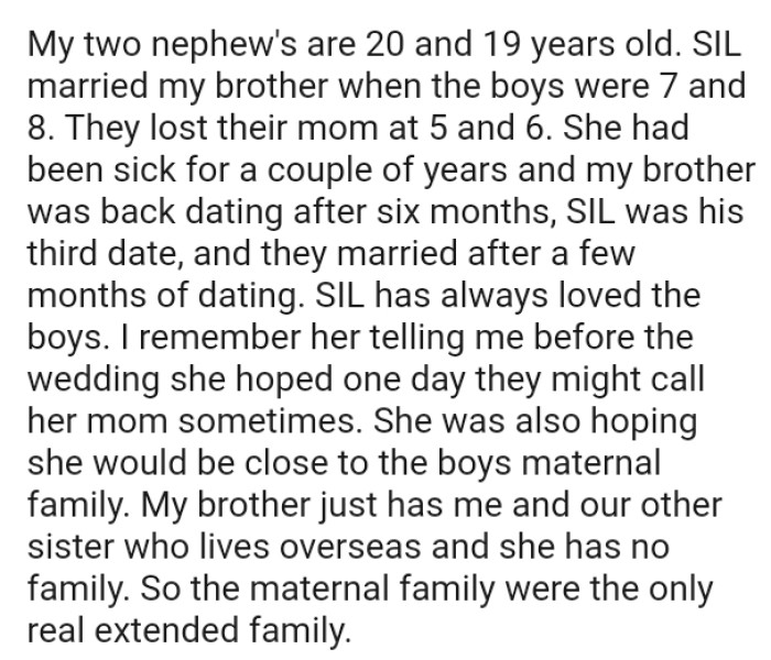 The OP remembers her telling him that she hoped the boys might call her mom one day