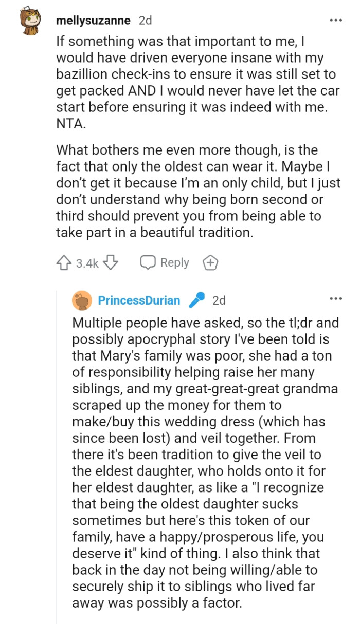 The OP explains how her great-grandma started it all as a tradition to give the eldest daughter the veil