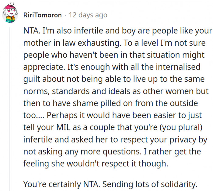 11. Even if MIL knew that she was infertile, it seems that she won't respect it much