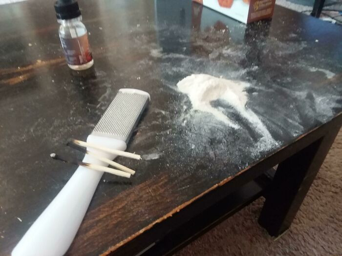 "My Trashy Roommate Spent The Night Shaving His Callouses And Kindly Left This Heap For Me To Find On The Coffee Table"