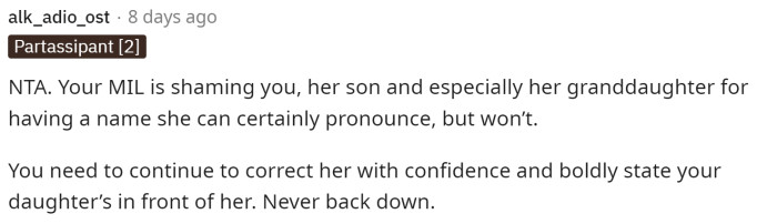 Her MIL is shaming all of them, and it's honestly really sad that she won't accept her granddaughter's name.