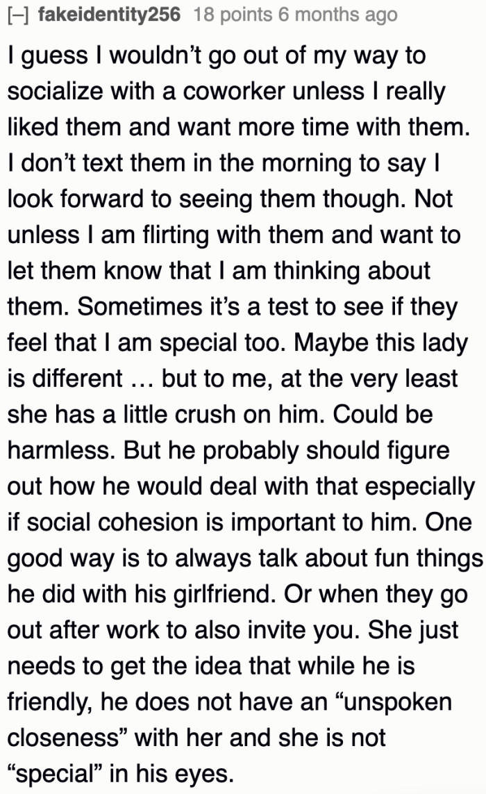 A user believes that while the coworker seemingly has a crush on the OP's boyfriend, her actions look harmless.