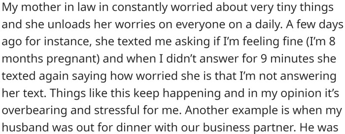 OP is pregnant, and is constantly bombarded with her mother-in-law's worries.