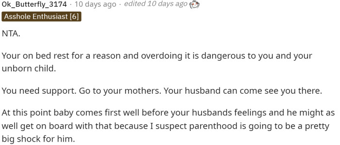 Starting off, people are already saying that she's NTA and that she's doing what she needs to do to stay healthy for the baby.