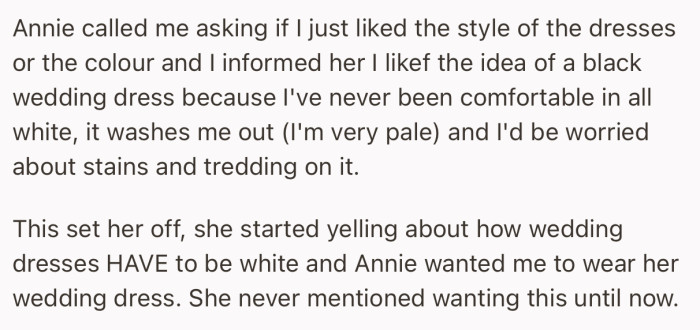 Unfortunately, her mother-in-law is totally against this idea. She believes that wedding dresses should maintain the traditional white color