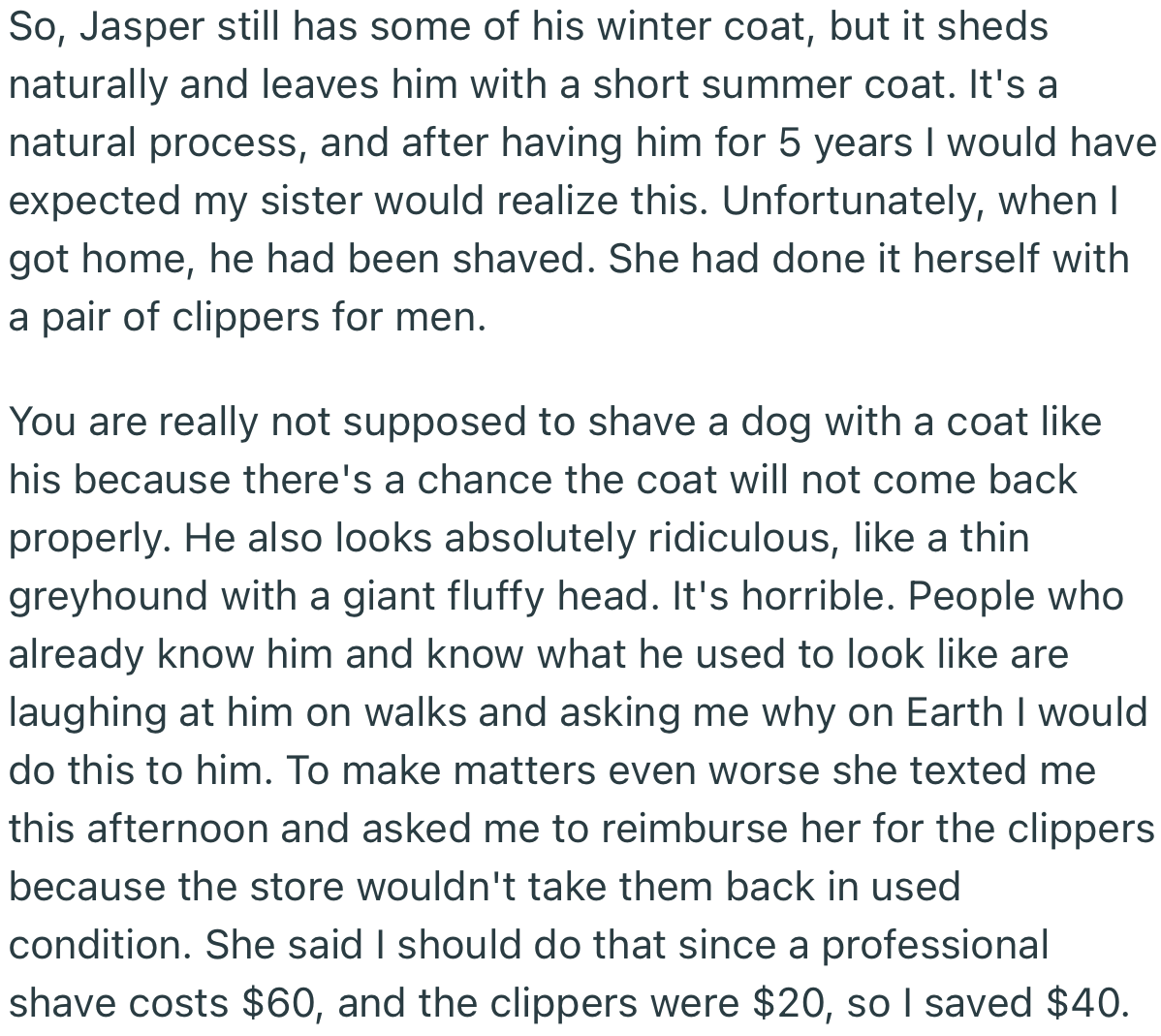 By the Time OP Returned, Her Sister Had Shaved the Dog’s Hair Without Permission. Worst of All, She Asked OP to Reimburse Her for the Clippers She Bought