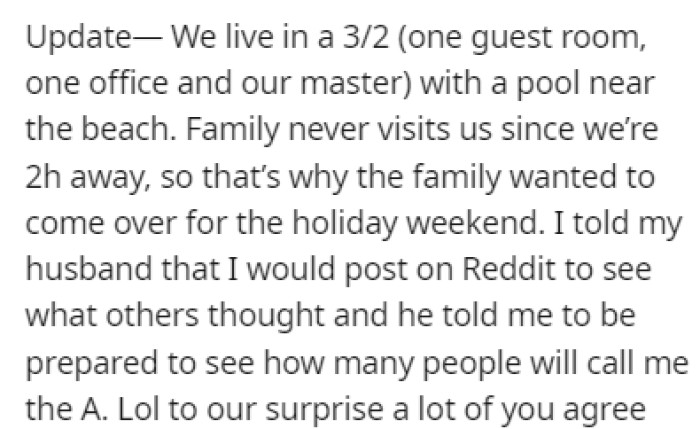OP was surprised that many people on Reddit actually agreed with her, instead of her husband