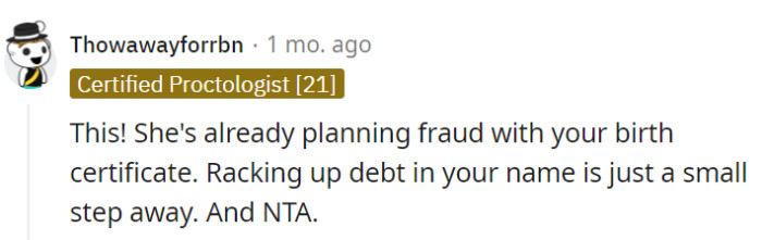 With her sights set on their birth certificate, the 