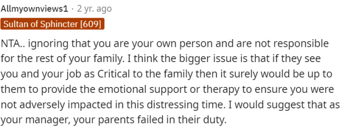 Failure of parents to provide emotional support in a distressing time.